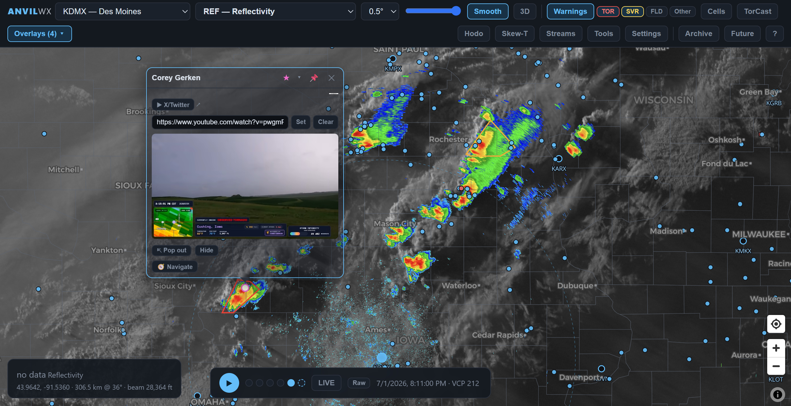 Anvil Weather showing a live supercell with warnings and storm tracks
